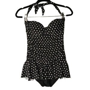 NWT Rose Marie Reid Women's Sweetheart Halter Swim Dress, Black Dot, Med…